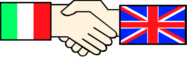 The image shows a pixelated representation of two hands shaking over three flags: Italy (red), England (white with red cross symbolizing St George's Cross), and France (blue).