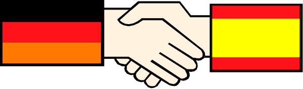 The image shows two hands shaking over a colorful stripe with red on top of blue topped by yellow.