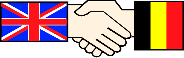 The image shows a pixelated representation of two hands shaking over three flags: British (UK), Spanish (Spain), and French (France).