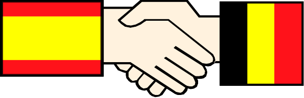 The image shows two hands shaking over a red stripe with yellow text on it against a gray background.