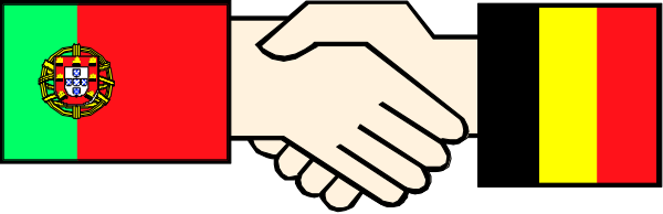 The flag of Spain with a handshake symbolizing unity between two countries on either side.