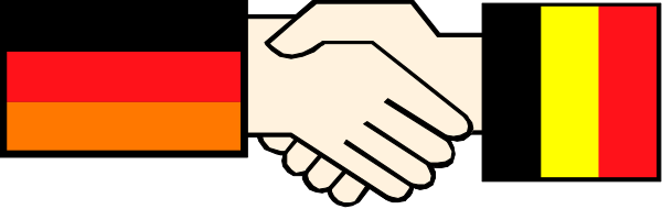 The image shows two hands shaking over a colorful bar with red on top, yellow below it, blue to its left, green in front of them, orange behind one hand, white above their heads, black beneath their feet, and gray as the background.