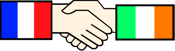 The image shows a pixelated depiction of two hands shaking over an array of colorful flags representing different countries.