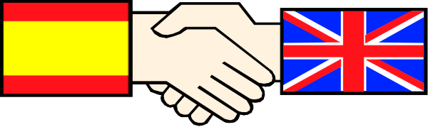 The image shows a pixelated representation of two hands shaking over three flags: Germany (represented by black), France (white with blue crosses on either side), and England (red).