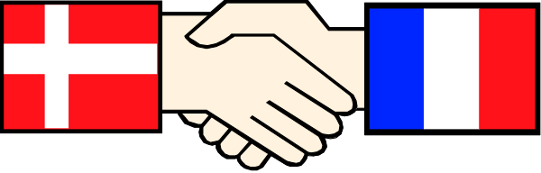 The image shows two hands clasped together with a background of three flags: France (blue), Italy (red white green), and Poland (white red).