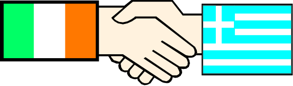 The image shows a pixelated representation of two hands shaking over an abstract background with various colorful shapes that could be interpreted as flags from different countries forming part of their borders.