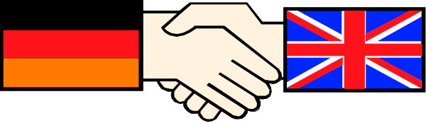 The image shows a pixelated representation of two hands shaking over three flags: British (UK), German (DE), and Russian (RU).