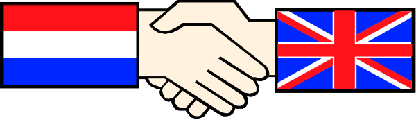 The image shows a pixelated representation of two hands shaking over three flags: British (UK), French (France), and Dutch (Netherlands).
