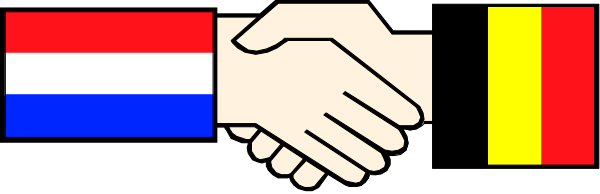 The image shows two hands shaking over a flag with three horizontal stripes: red on top, white in the middle, and blue at bottom; each strip has an emblem inside it representing different countries—red for Russia, white for Spain, and blue for France or Belgium.