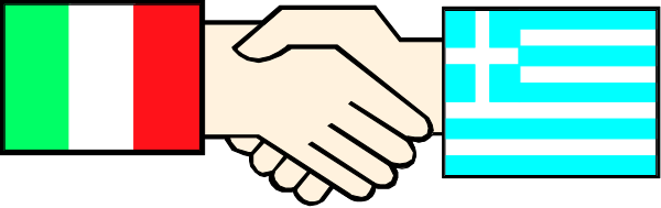The image shows a pixelated representation of two hands shaking over an array of colorful flags with various designs on them.