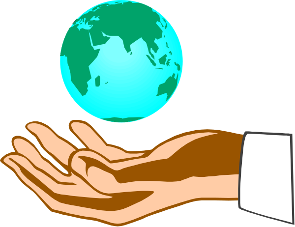 The image shows a stylized illustration of an outstretched hand holding a globe with Earth's continents visible against a dark background; there is no text present in this clip-art graphic.