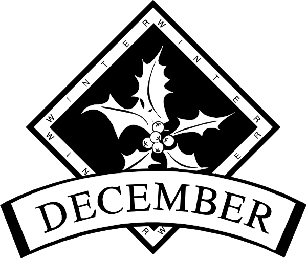 The black and white logo of December features a snowflake design with holly leaves at its center above text that reads "December."