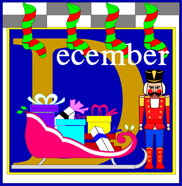 The image shows a Christmas card with illustrations of holiday decorations such as candy canes hanging from the top corners, stockings on either side at bottom left corner, presents in center right area, and Santa Claus riding his sleigh to the far right. In front is an illustrated man dressed like George Washington crossing the Delaware River during Christmas time with a flag that reads "December." The background features blue sky above and snow below, suggesting it's wintertime or set around Christmastime.