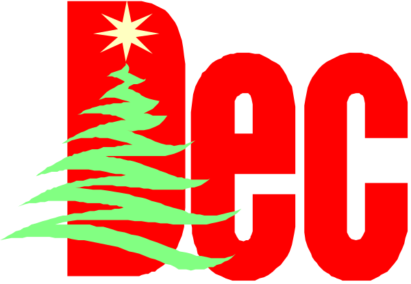 The image features a graphic with text that reads "DEC" at top left corner against red background; below it is an illustration of Christmas tree in green color on right side within white border lines.