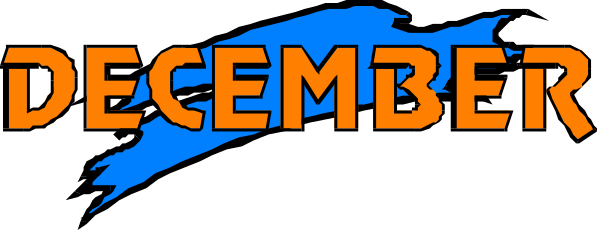 The image shows a graphic with text that reads "DECEMBER" at both ends of an orange horizontal bar on top of which is blue text reading "December."