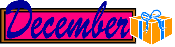 The image shows a Christmas banner with text that reads "December" at top center, followed by an illustration of two gift boxes on either side, one red and one blue, against a gray background; there is also some pink text in uppercase letters above each box reading "Gift."