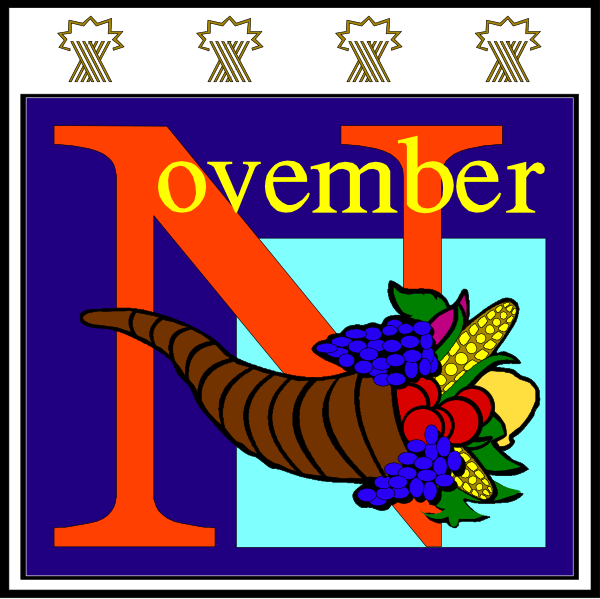 The image shows a square graphic with text that reads "NOVEMBER" at its center above an illustration of a cornucopia filled with fruits like grapes and apples, along with vegetables such as carrots and broccoli. To the left side is another smaller inset picture featuring what appears to be a blue ribbon or banner across which "November 2017" text runs horizontally at its top edge; below this are two small images of pumpkins, one orange and one white with green stems. The overall style suggests it might