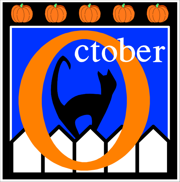 The image features a graphic design with two distinct sections: on top left there is an illustration of three pumpkins against a blue background; below that in the center right section, there's a stylized depiction of a cat inside what appears to be a circular frame or emblem, and above it reads "October" written in white text. The design has a playful autumnal theme with an orange color scheme for both sections.