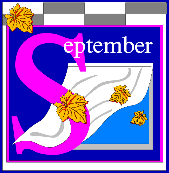 The image shows a calendar with "September" written on it along with an illustration of autumn leaves falling around text that reads "S."