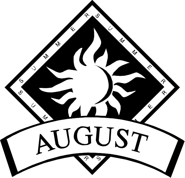 The black and white logo features a sun with rays extending outward on either side of an emblem that includes text "AUGUST" at its center within two lines forming a square shape above it.