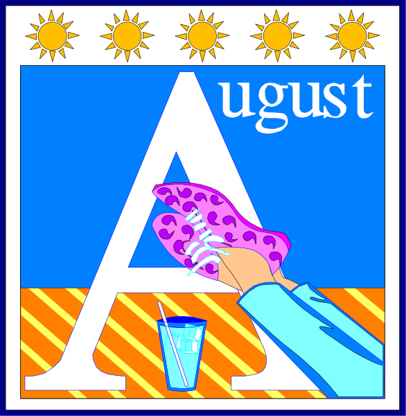 The image shows a colorful graphic with text that reads "AUGUST" at top left corner above an alphabet letter 'a' in large font size. Below this is another word "ALPHABET," and to its right, there appears to be a hand holding up the number 12 on fingers against a blue background. The lower part of the image features two hands with purple polka dots placed over each other; one hand holds an 'A' in large font size while the other is pointing at it from below. In front of these, there are three items: