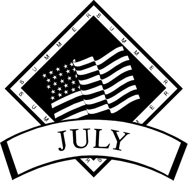 The black and white logo features a diamond shape with an American flag on it inside of another larger square design that has "JULY" written around its border at top right corner.