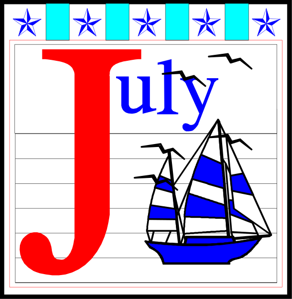 The image shows a calendar with July highlighted on it featuring an illustration of two sailboats at sea under blue skies next to the word "July."