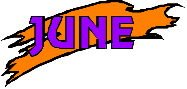 The image shows a purple banner with text that reads "JUNE" on it against an orange background.