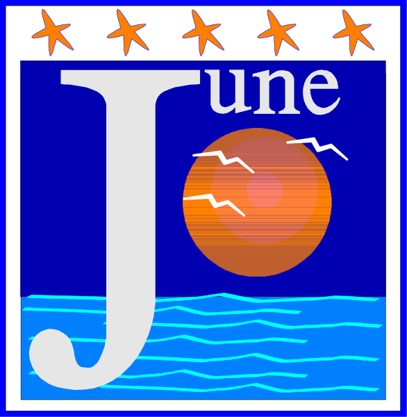 The image shows a graphic with text that reads "JUNE" at top right corner of an emblem featuring stars above it; below this is a stylized letter 'I' in large font size, and to its left there appears to be water or waves depicted by blue lines suggesting movement. To the bottom left side of the image, there are two small red rectangles with white borders that resemble suns on either end. The background color behind these elements is a deep shade of purple-blue.