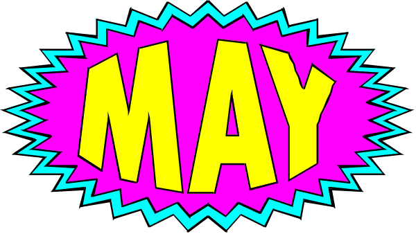 The image shows a colorful graphic with text that reads "MAY" at top and bottom of an explosion-like design in shades of pink, purple, blue, yellow, green, red, white, black, gray, orange, brown, beige, cream cheese, mustard, ketchup, relish, mayonnaise, salad dressing.