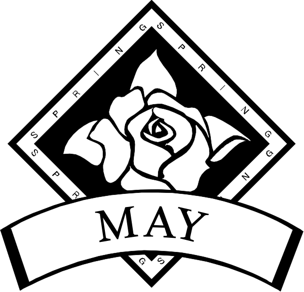 The black and white logo features a rose with petals surrounding it at its base; above this is an emblem that includes three stars forming a triangle around what appears to be a compass needle pointing towards May