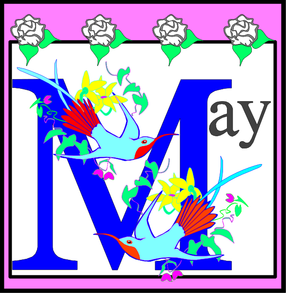 The image shows a square graphic with two distinct halves: on top left is an illustration of May flowers accompanied by birds; below right features "May" written in stylized lettering above a floral border, and both sections have decorative elements like roses and leaves around the edges.