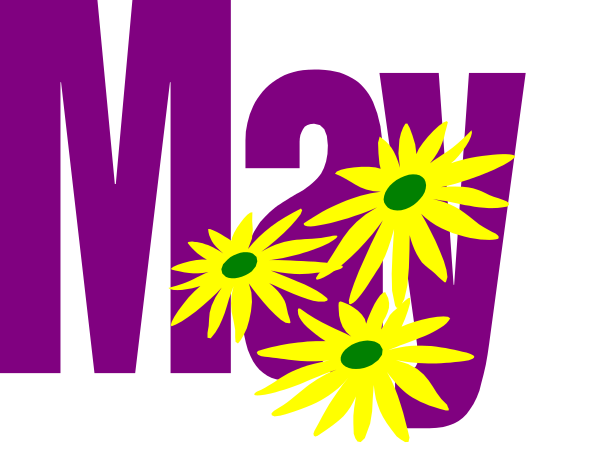 The image shows a purple background with white text that reads "MAY" at top left corner; below it is an arrangement of three yellow daisies in center right area against darker gray backdrop.