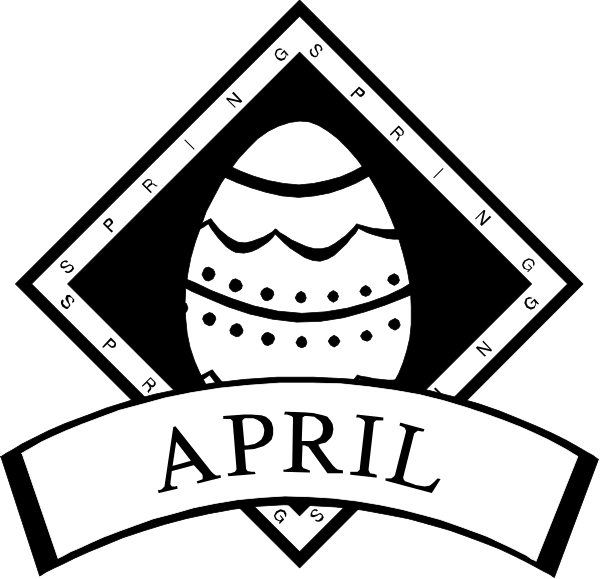 The black and white logo features a stylized egg with an Easter theme on top of it, accompanied by text that reads "APRIL" in bold letters below the image.
