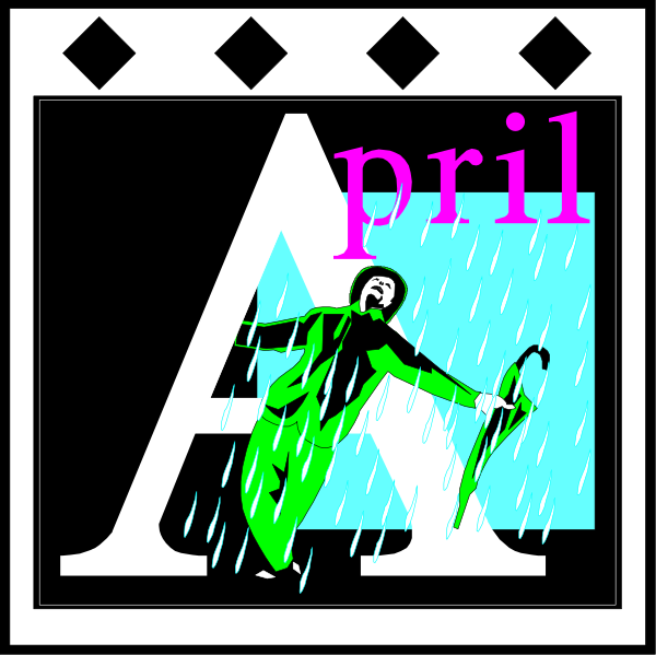 The image shows a black and white illustration of an umbrella with raindrops falling from it onto what appears to be a person holding another umbrella in their hand; there is text that reads "April" atop one of the umbrellas, suggesting this could represent April showers.