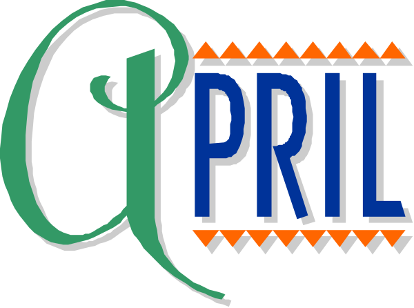 The image shows a logo with text that reads "APRIL FESTIVAL" at the top of an arching banner design in blue letters on white background; below it is another line of smaller, darker-colored lettering reading "QPRIL," and beneath this are two cursive lines forming what appears to be a stylized 'q' with decorative elements. The overall style suggests that the image may represent an event or festival related to April named Qpril.