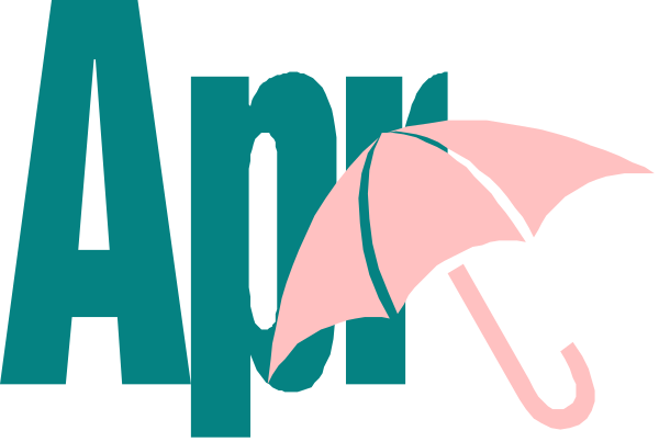 The image shows a logo with text that reads "APRIL" at top left corner, followed by an umbrella icon in pink on right side of the word April. Below this is another line of smaller print reading "April Aid."
