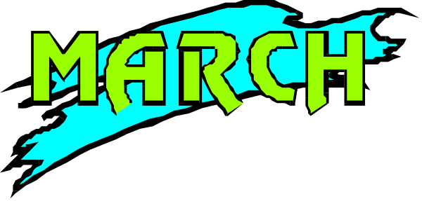 The image shows a graphic with text that reads "MARCH" at top left corner of an oval shape against a dark background; below it is another word in larger font reading "MONTH," followed by two words, one above and to its right: "OVERVIEW."