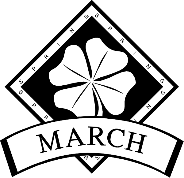 The black and white logo features a four leaf clover with text that reads "March" above it on top of an emblem-like design resembling a shield shape containing additional decorative elements such as lines, dots, and possibly other symbols or letters not clearly visible in the image.