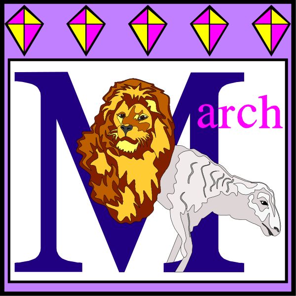 The image shows a graphic with two distinct sections: on top left there's an illustration of three diamonds forming a border around what appears to be a logo; within this section is text that reads "March" in large, bold letters and below it, a small animal icon resembling a lion. On the bottom right side of the image, another graphic features two animals: one with horns (possibly an antelope or ram) standing next to what seems like a sheep; both are depicted against a purple background that has white text reading "March." The overall
