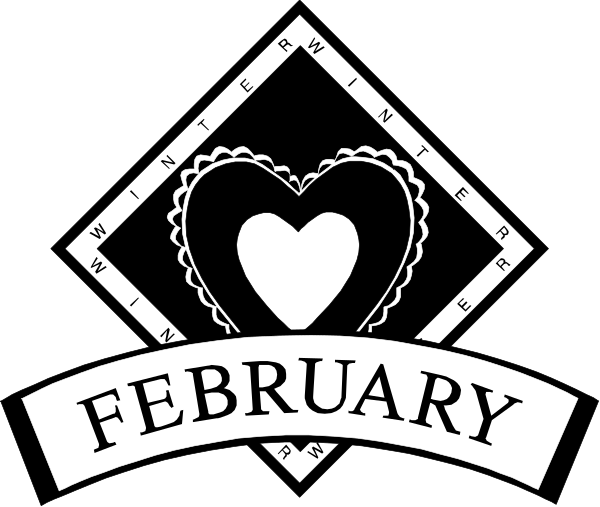 The black and white logo features a heart with wings on either side at its top center, below which is text that reads "FEBRUARY" in large capital letters followed by smaller print reading "WINTER EDITION." To the right of this central design there's another line of text stating "JANE AUSTEN," and beneath it a small heart. The background has an intricate border with various patterns, including what appears to be snowflakes or leaves at its corners.