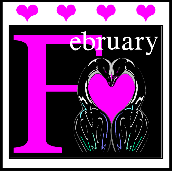 The image shows a black square with white text that reads "February" at top left corner, followed by two birds in flight forming an 'E' shape below it, inside of which is pink heart symbolizing love and Valentine's Day theme.