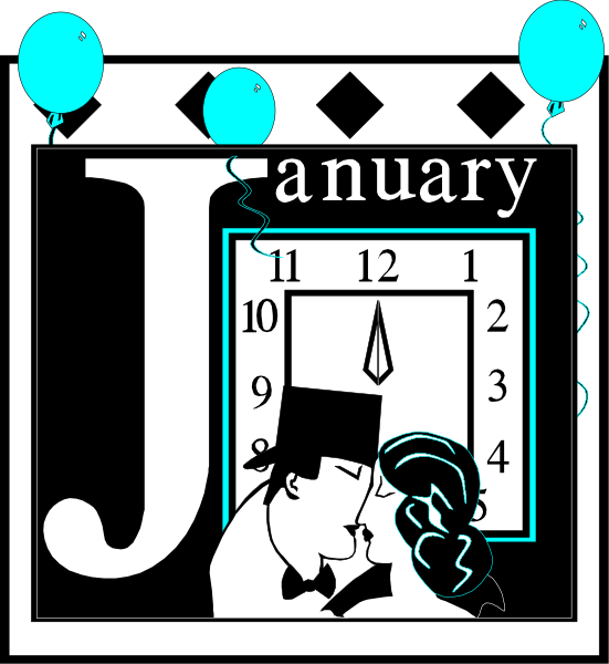 The image shows a black and white illustration of an invitation card with text that reads "January" at top left corner in blue font on a light background. Below this is a cartoon depiction of two people, one male wearing glasses who appears to be kissing or hugging the other person from behind; both are dressed formally as if attending a party and have balloons floating around them with ribbons tied into bows at their ends in blue color that matches the text. The background features an abstract design resembling clock hands, suggesting time-related imagery.