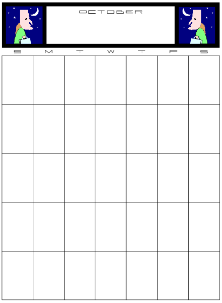 The image shows a calendar with an autumn theme for October 2019, featuring pumpkins on top corners of each day's box. There is also text at the bottom that reads "October" and some decorative elements around it such as leaves in fall colors like orange and yellow. Additionally, there are two small images: one resembling a ghost with its head sticking out from behind trees or bushes on top left corner of calendar; another image depicts an owl perched at the bottom right corner of the calendar. The background is plain white without any additional details