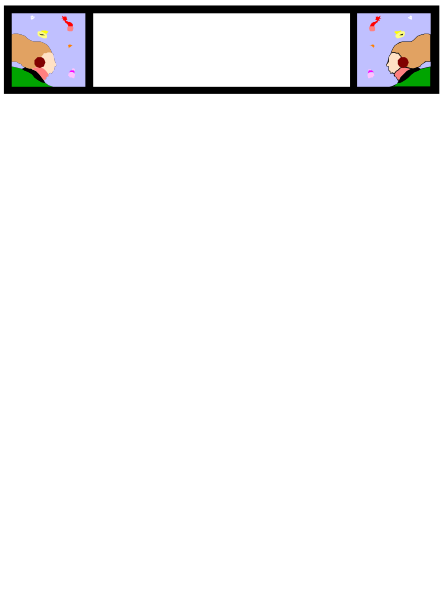 The image shows a black smartphone with colorful graphics on its screen displaying three panels: 1) A cartoon of two characters celebrating; 2) An empty space where text is expected to be placed, currently blank and white in this clip-art version; 3) Another panel showing the same character as before but now holding a gift. The background behind these images appears blurred with indistinct shapes that suggest an outdoor setting during daylight hours. There are no texts or additional details visible within the image provided.