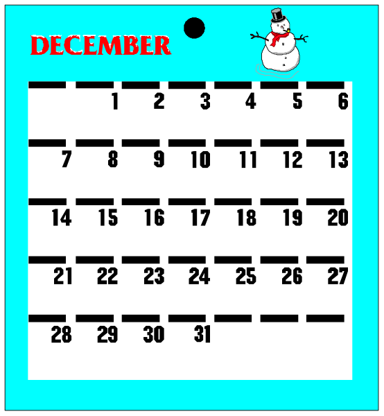 The image shows a calendar with dates from December to January 1st on it, displayed against a blue background that resembles water; there is also an illustration of Santa Claus at top left corner above the month "December." There's no text or additional details provided in this description.