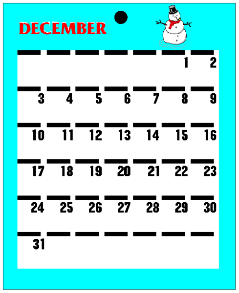 The image shows a calendar with dates from December to January 2016 on it, featuring clip-art of snowman decorations at top corners. It is presented in portrait orientation against a blue background that resembles paper texture and has dashed lines around its edges suggesting an outline or border. There are no texts visible within the image itself; however, there's text outside indicating "DECEMBER" on one side and "JANUARY 2016" at another corner of the calendar. The clip-art style is simple with a limited color palette that