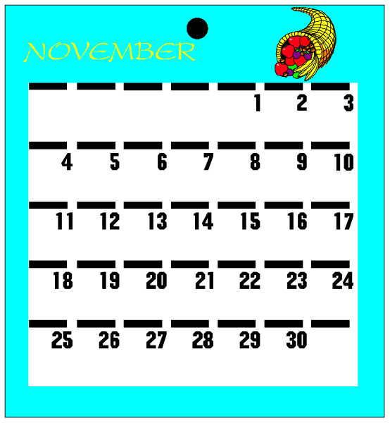 The calendar displays a month of November with dates filled out from 1 to 30th day. It is set against a blue background featuring an image at bottom right corner that appears to be a cartoon character, possibly representing a child's drawing style. There is no text on the calendar itself; however, there are two lines of text above and below it: "November" in bold letters with decorative elements around them (above) and another line reading "Candy Cane Calendar 2019," which suggests that this might be a special edition or theme