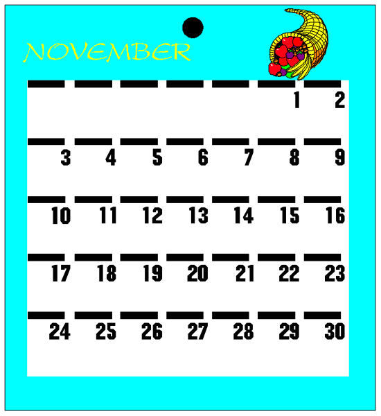 The calendar displays a month of November with dates filled out from 1 to 30th. It is set against a blue background featuring an illustration at top left corner that resembles a pineapple, and there's text above it reading "November." Below this image are two lines: the upper line says "calendar" in bold letters with dots underneath each letter except for 'c', which has three. The lower line reads "2016," indicating the year of reference or production.