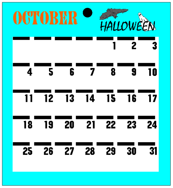 The calendar displays "October" at top with Halloween theme decorations around it; there is a date range from 1 to 30 October shown in black squares on white background within grid lines indicating days of week, and below that, dates marked as holidays or special events are highlighted by red rectangles. There's also an image of what appears to be a bat at the top right corner above "Halloween." The calendar is set against blue backdrop with text in black font reading "OCTOBER" on top left and "HALLOWEEN" below it,